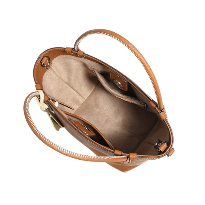 Women’s Minimalist Genuine Leather Shoulder Bucket Bag in camel color showing it from inside