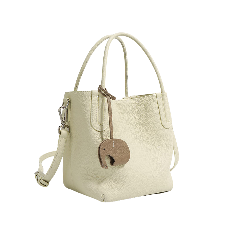 Women’s Minimalist Genuine Leather Shoulder Bucket Bag in chalk white color from the front