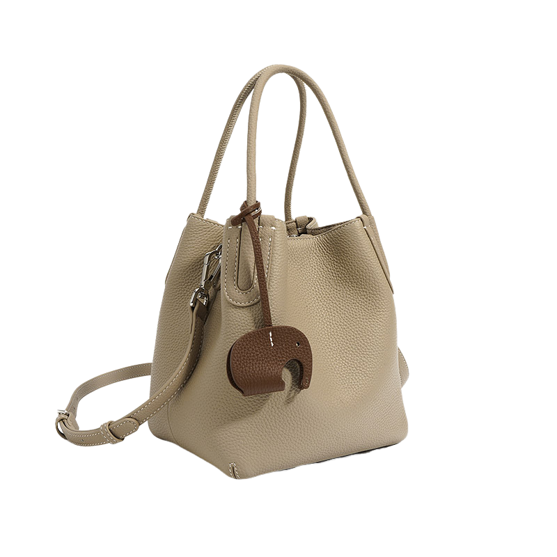 Women’s Minimalist Genuine Leather Shoulder Bucket Bag in grey color from the front
