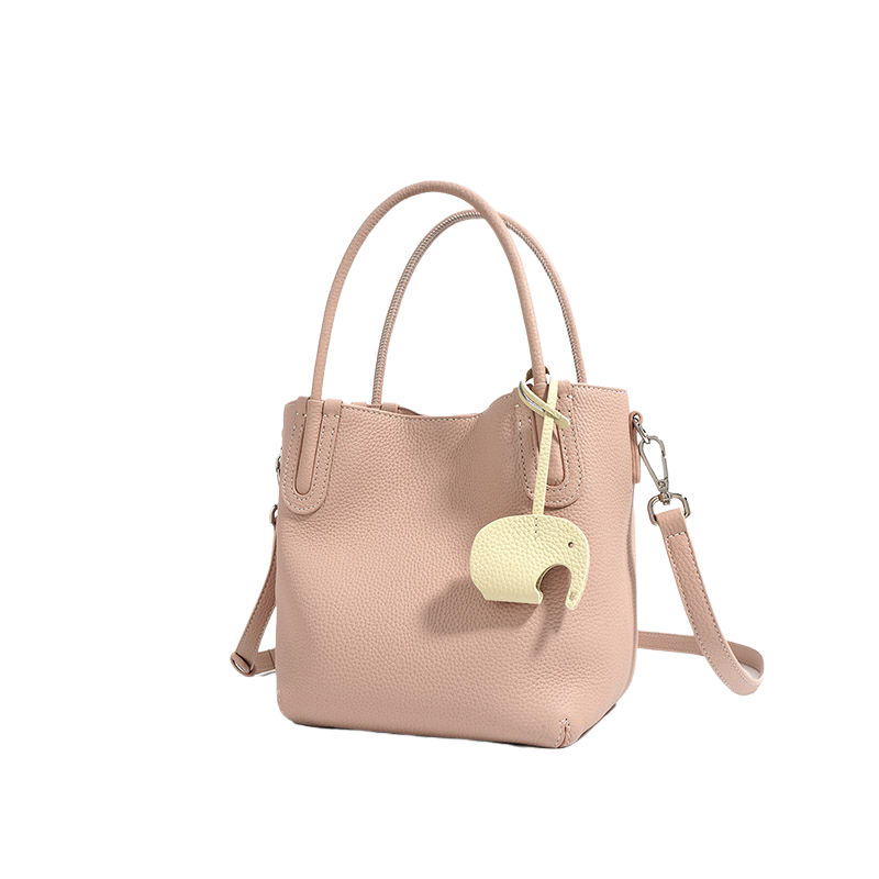 Women’s Minimalist Genuine Leather Shoulder Bucket Bag in pink color from the front
