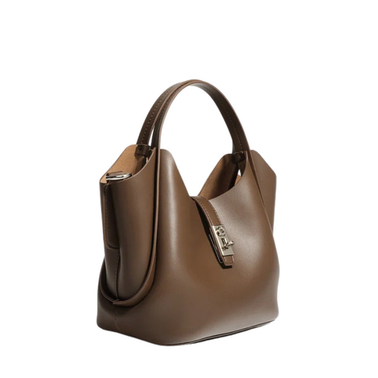 Women’s Minimalist Leather Drawstring Lock Clasp Bucket Bag in Cocoa color showing inside the bag