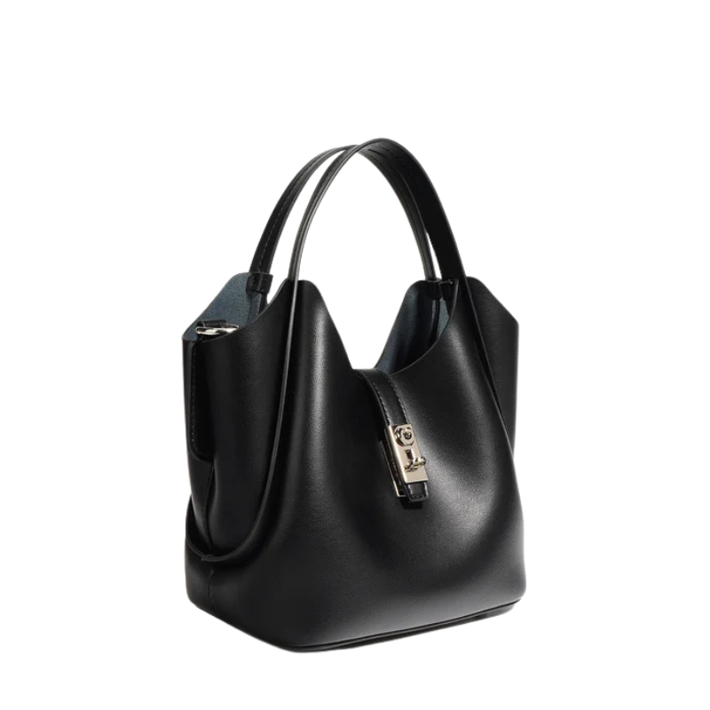 Women’s Minimalist Leather Drawstring Lock Clasp Bucket Bag in black color showing inside the bag