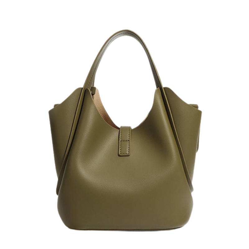 Women’s Minimalist Leather Drawstring Lock Clasp Bucket Bag in olive green color from the back