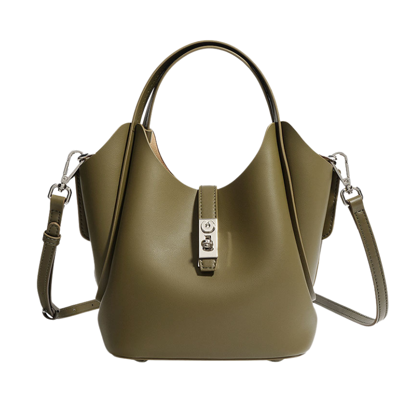 Women’s Minimalist Leather Drawstring Lock Clasp Bucket Bag in olive green color from the front