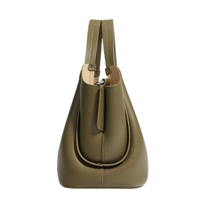 Women’s Minimalist Leather Drawstring Lock Clasp Bucket Bag in olive green color from the side