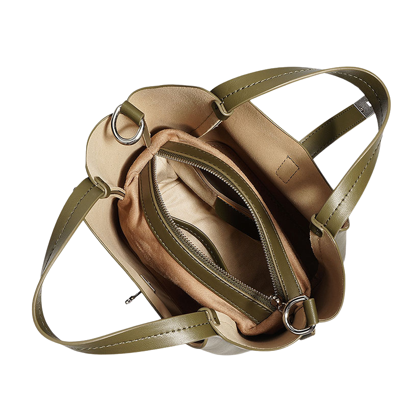 Women’s Minimalist Leather Drawstring Lock Clasp Bucket Bag in olive green color showing inside the bag