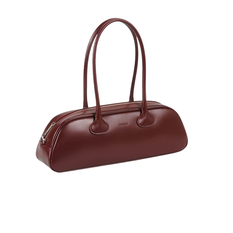 Women’s Minimalist Zipper Single Shoulder Baguette Bag in Genuine Leather in Burgundy color from the side