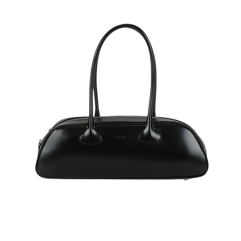 Women’s Minimalist Zipper Single Shoulder Baguette Bag in Genuine Leather in black color