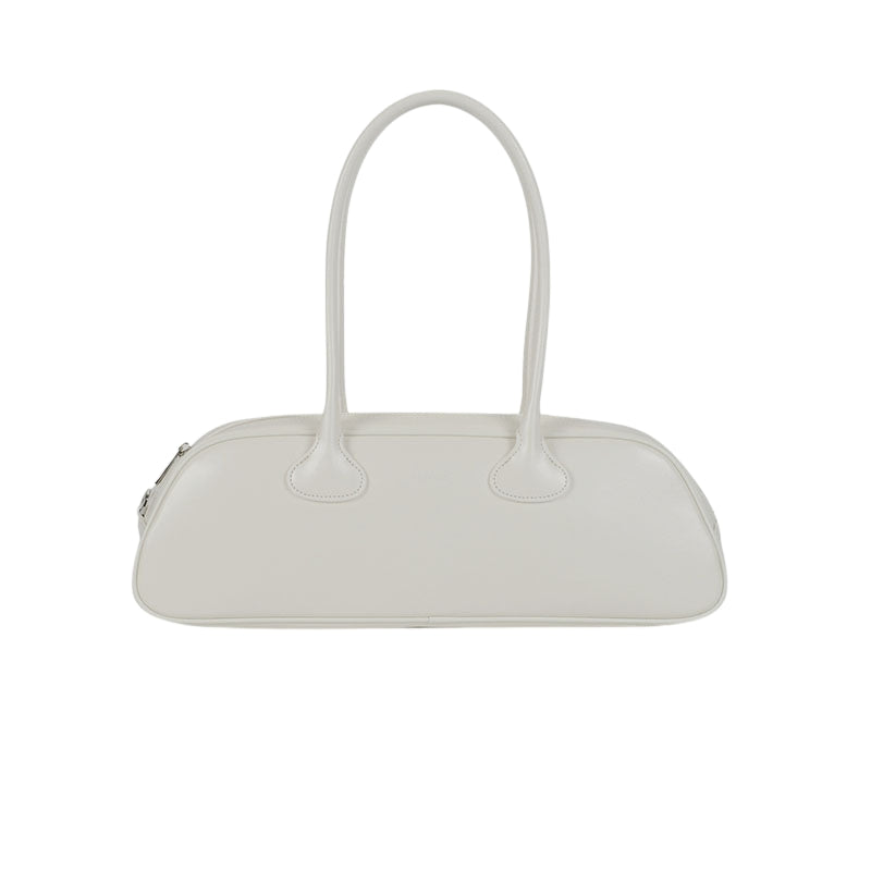 Women’s Minimalist Zipper Single Shoulder Baguette Bag in Genuine Leather in chalk white color