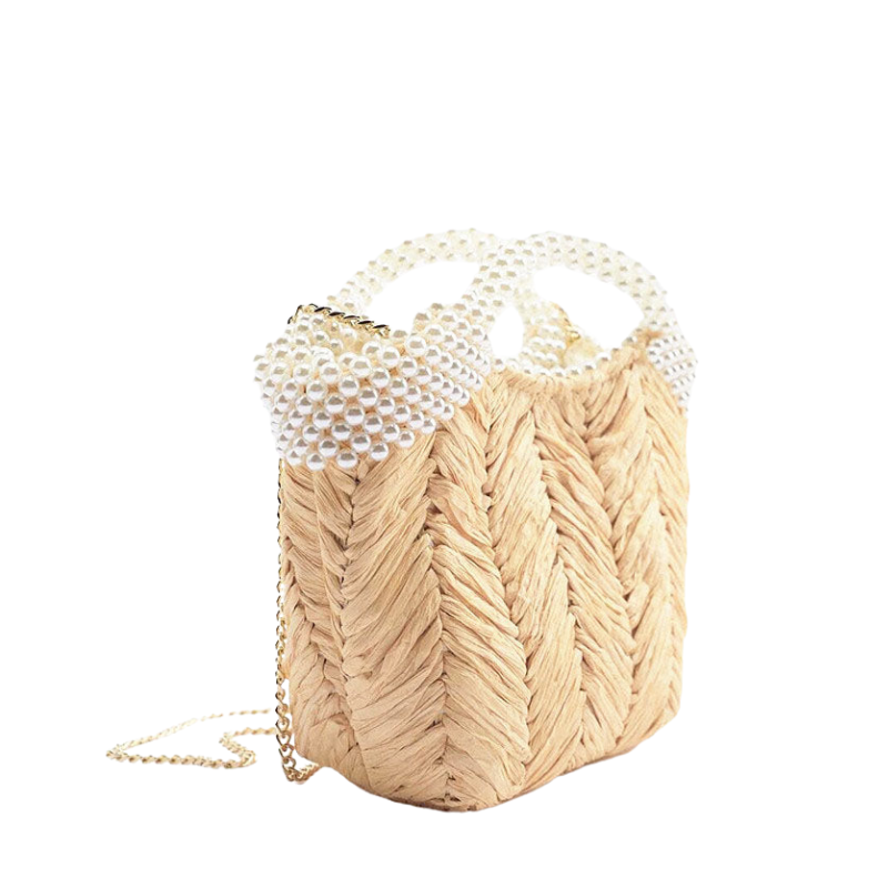Women’s Pearls straw Woven Tote with Shoulder Chains showing front of the bag