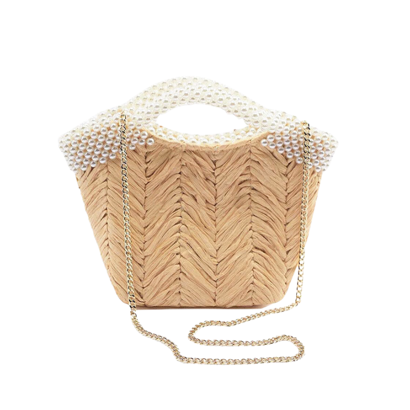 Women’s Pearls straw Woven Tote with Shoulder Chains showing front with chain of the bag