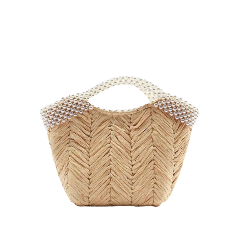 Women’s Pearls straw Woven Tote with Shoulder Chains showing front without chain of the bag