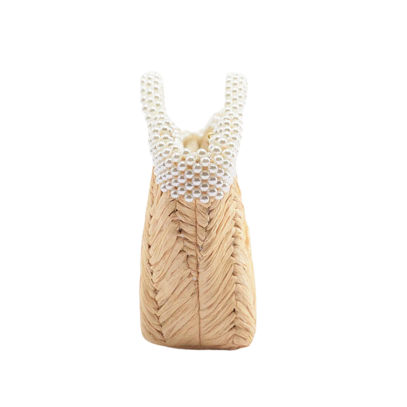 Women’s Pearls straw Woven Tote with Shoulder Chains showing side of the bag