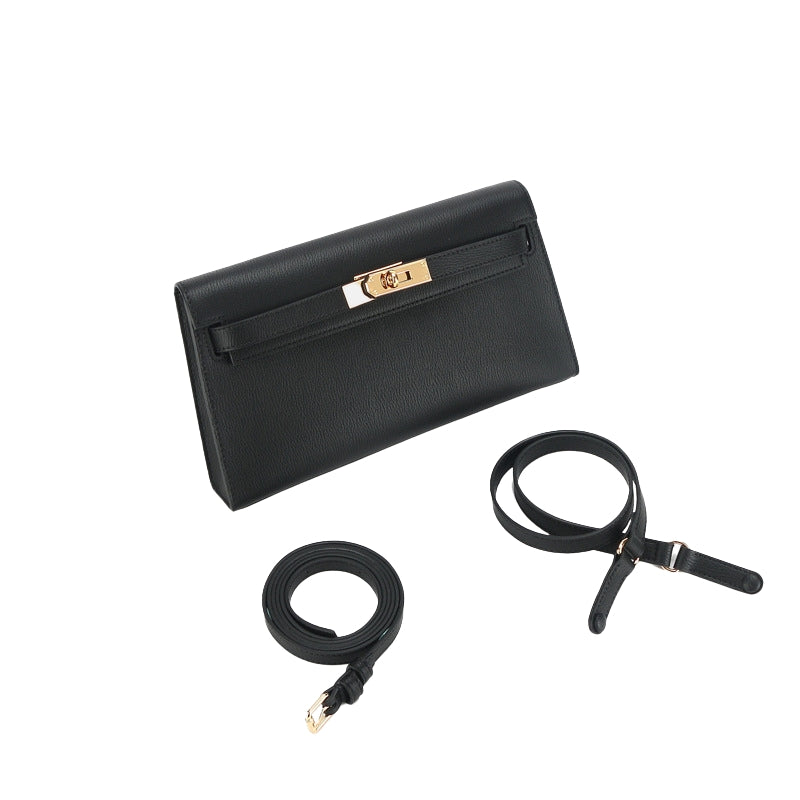 Women’s Shoulder Bags in Genuine Split Leather in black color showing details of the bag