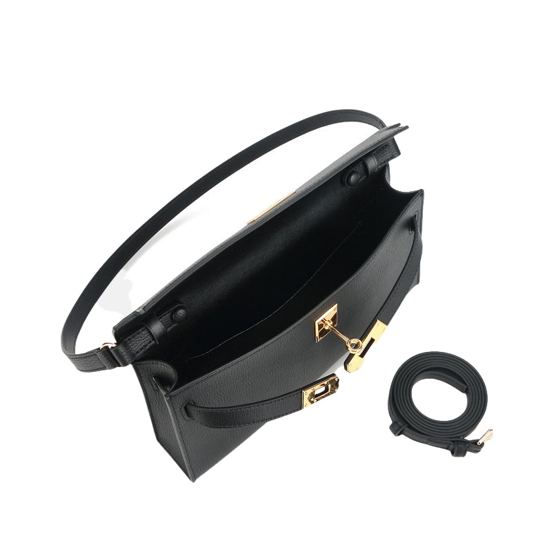 Women’s Shoulder Bags in Genuine Split Leather in black color showing inside the bag