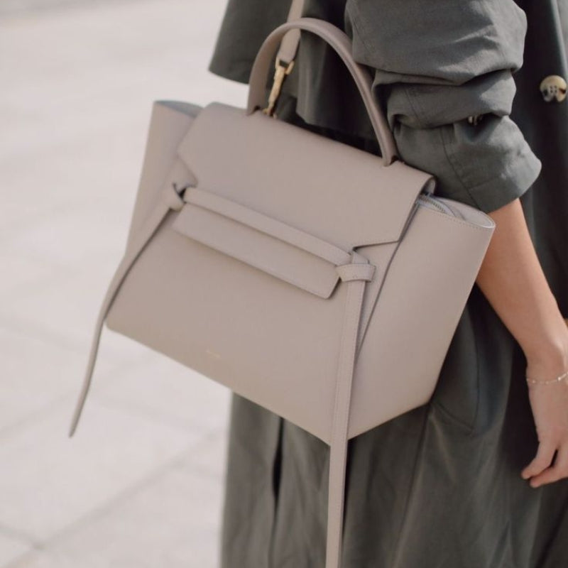 Women’s Split Leather Satchel Bags with Shoulder Strap in taupe color lifestyle model carry it