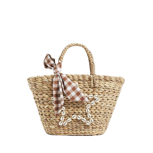 Women’s Straw Bags Plaid Bowknot Woven Beach Tote Bags from the front