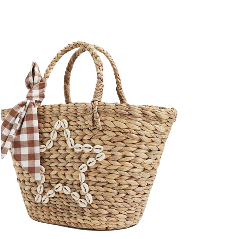 Women’s Straw Bags Plaid Bowknot Woven Beach Tote Bags showing the side of the bag