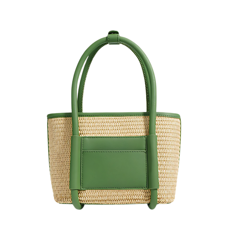 Women’s Straw Woven Genuine Leather Minimalist Crossbody Tote Bag in avocado color from the front