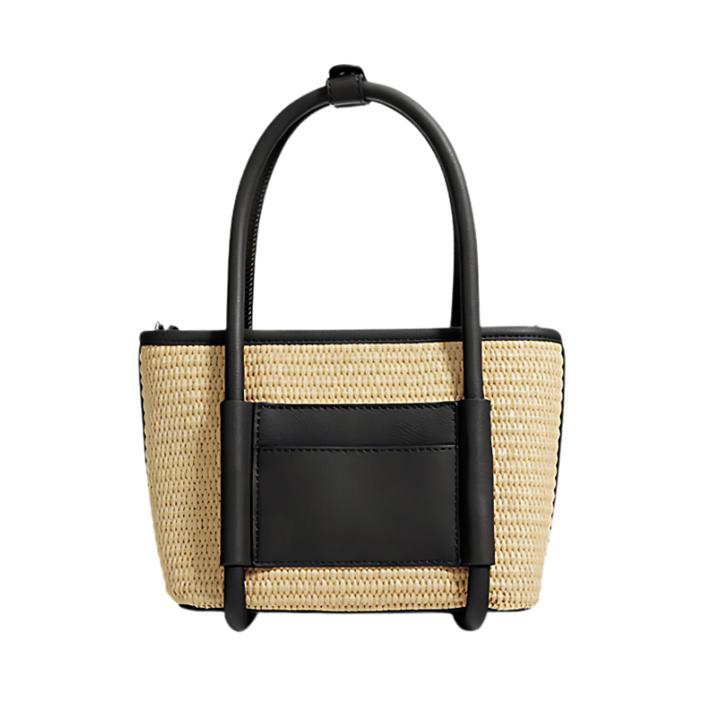 Women’s Straw Woven Genuine Leather Minimalist Crossbody Tote Bag in black color from the front