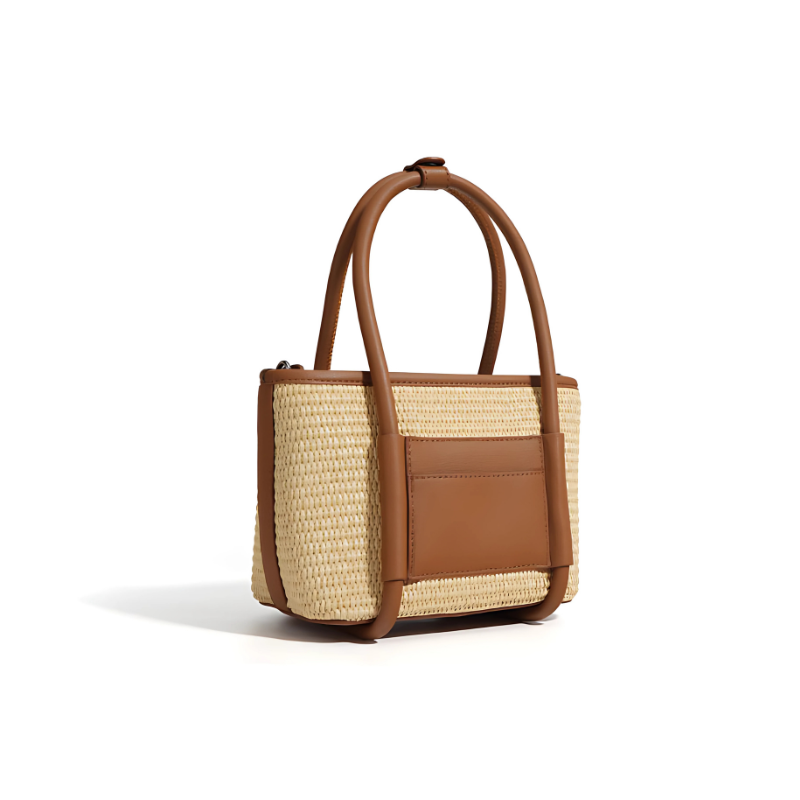 Women’s Straw Woven Genuine Leather Minimalist Crossbody Tote Bag in golden brown color from the side