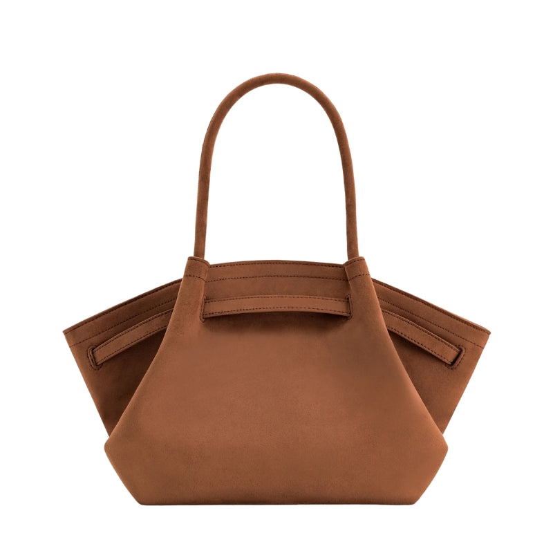 Women’s Suede Leather Dumpling-Shaped Small Tote Bag in Cognac color form the back