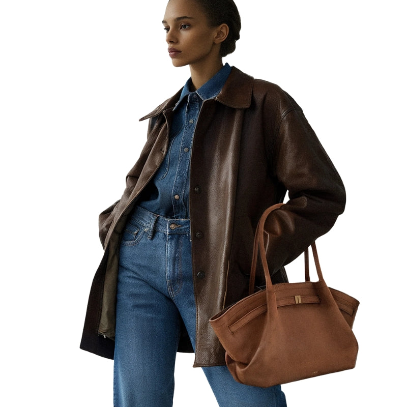 Women’s Suede Leather Dumpling-Shaped Small Tote Bag in Cognac color lifestyle model carry it
