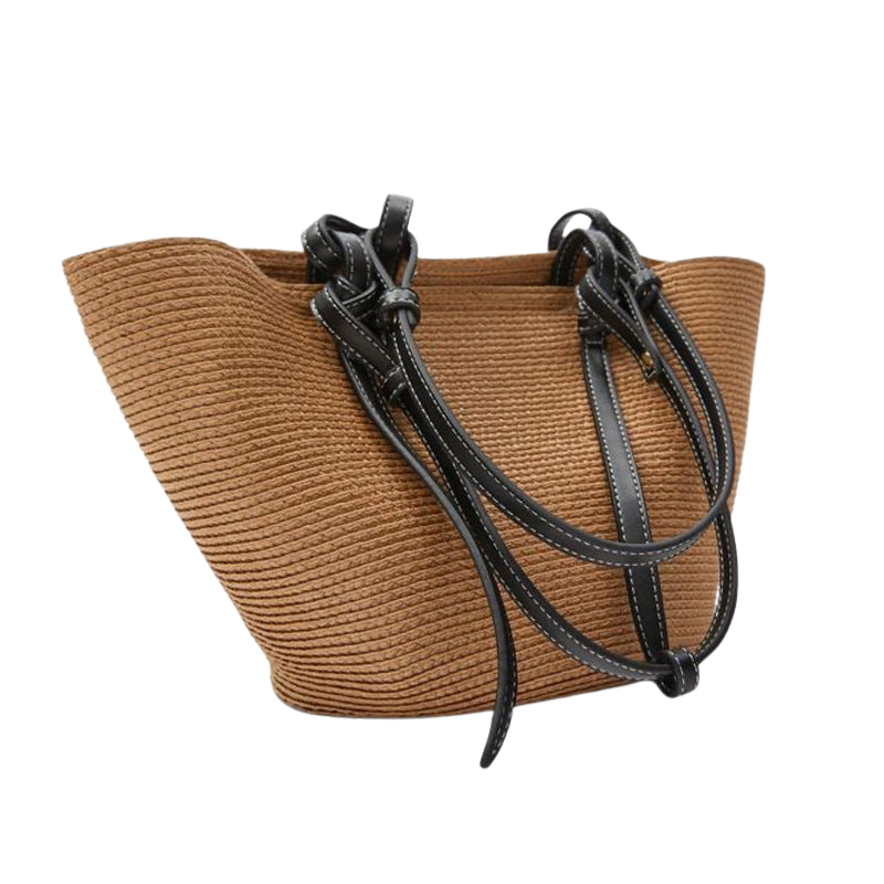 Women’s Two Tone Straw Woven Beach Tote Bags from the back of the bag