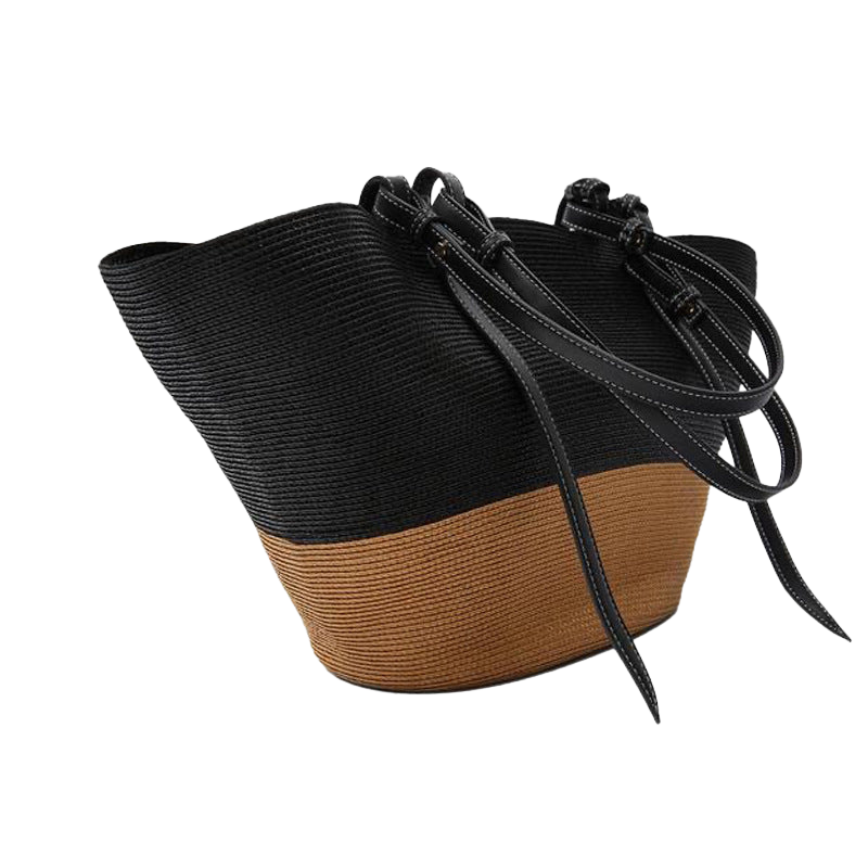 Women’s Two Tone Straw Woven Beach Tote Bags from the side