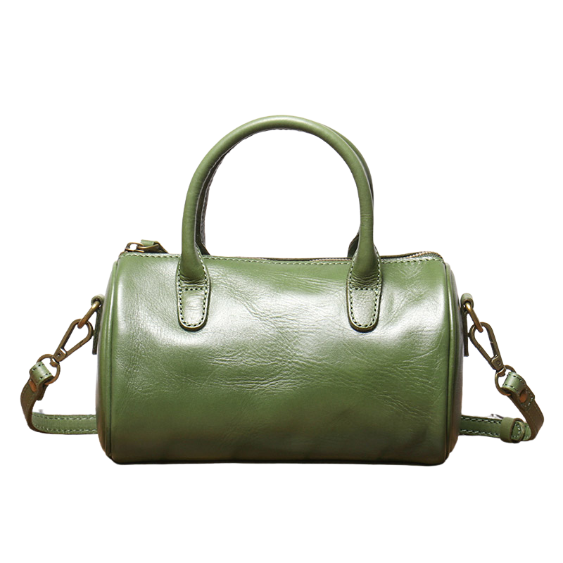 Women’s Vintage Genuine Leather Cylindrical Handbag in Matcha Green color showing it from the front Women's Soft Leather Tote Handbags | Luxury Green Leather Handbags 