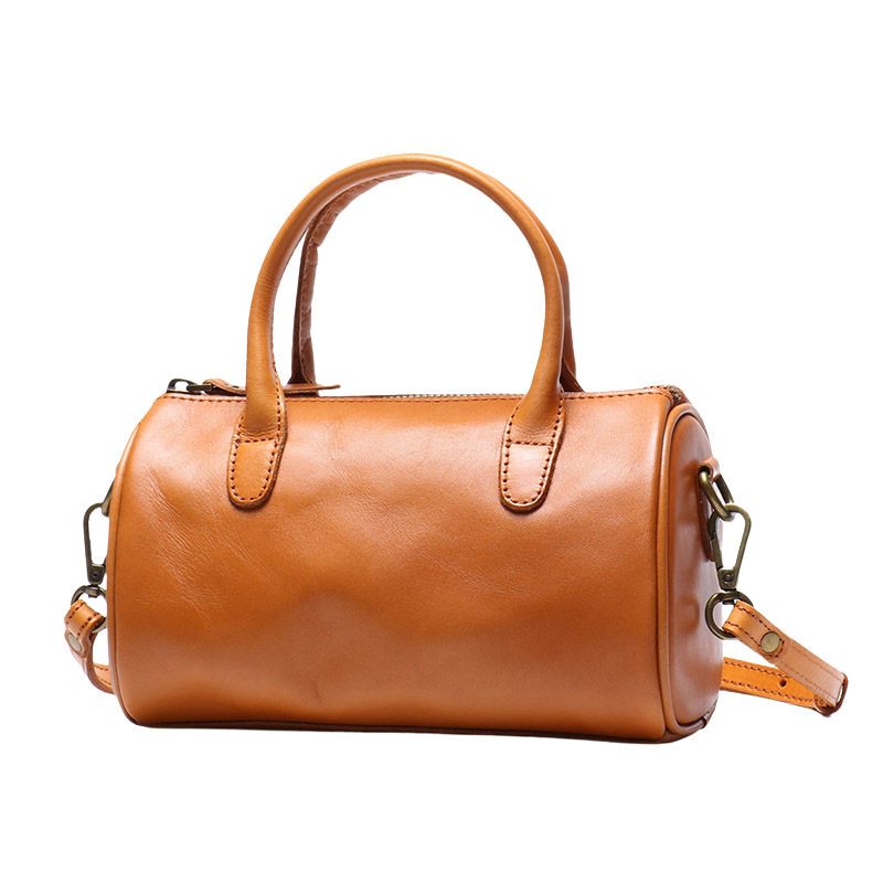 Women’s Vintage Genuine Leather Cylindrical Handbag in Sunset Yellow color from the front Women's Soft Leather Tote Handbags | Luxury Green Leather Handbags 