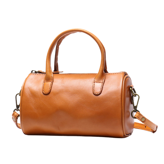 Women’s Vintage Genuine Leather Cylindrical Handbag in Sunset Yellow color from the front Women's Soft Leather Tote Handbags | Luxury Green Leather Handbags 