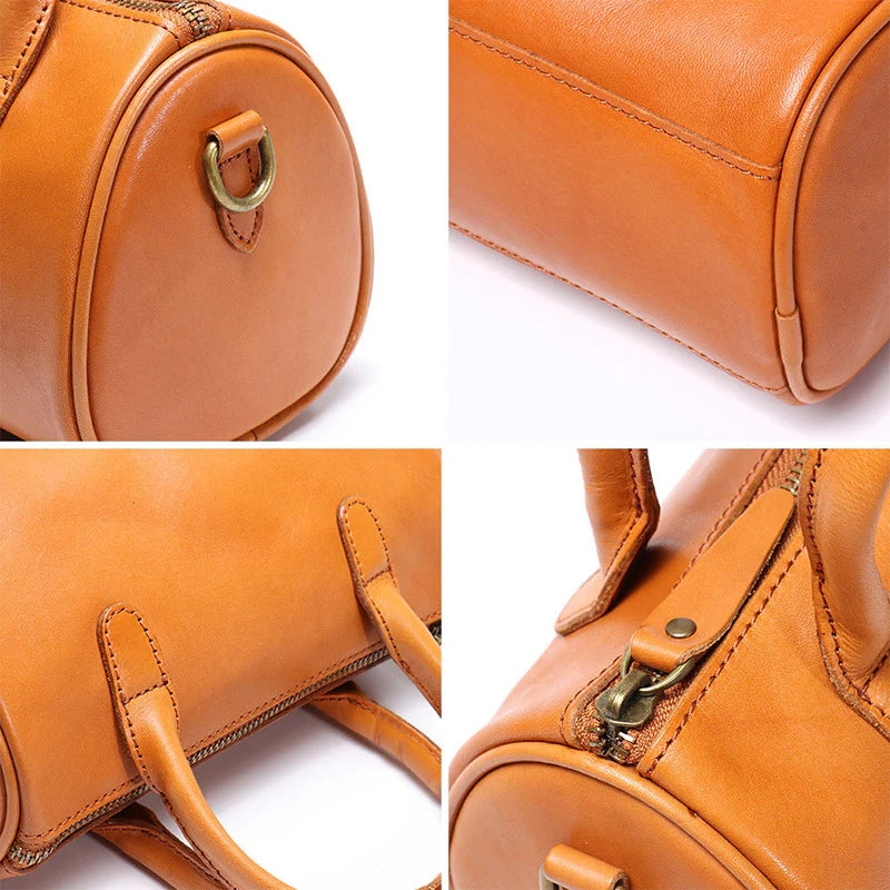 Women’s Vintage Genuine Leather Cylindrical Handbag in Sunset Yellow color showing all the bag Women's Soft Leather Tote Handbags | Luxury Green Leather Handbags 