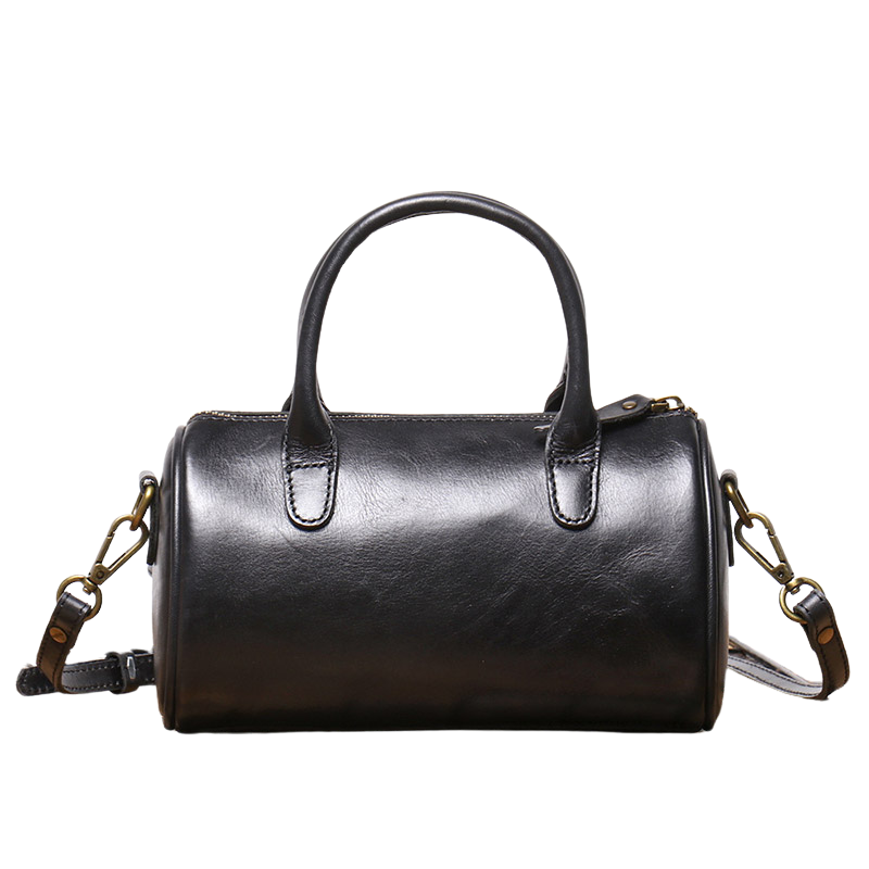 Women’s Vintage Genuine Leather Cylindrical Handbag in black color showing it from the front Women's Soft Leather Tote Handbags | Luxury Green Leather Handbags 
