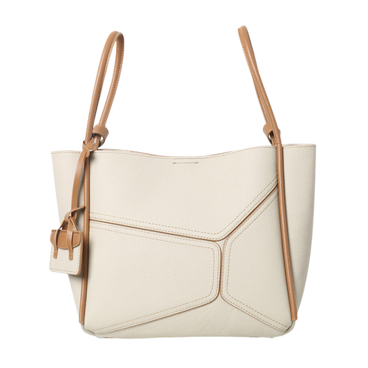 Women’s Vintage Genuine Leather Geometric Stitching Bucket Tote Bag in Antique White color from the front