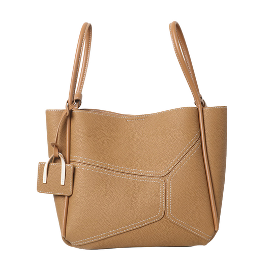Women’s Vintage Genuine Leather Geometric Stitching Bucket Tote Bag in Cookie Brown color from the front