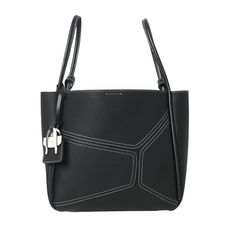 Women’s Vintage Genuine Leather Geometric Stitching Bucket Tote Bag in black color from the front