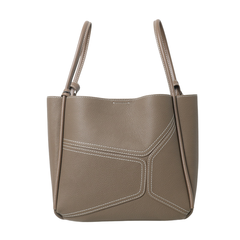 Women’s Vintage Genuine Leather Geometric Stitching Bucket Tote Bag in elephant grey color from the front