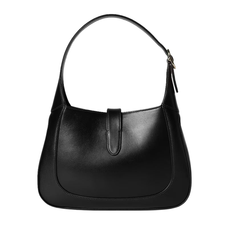 Women’s Vintage Genuine Leather Lock Buckle Saddle Shoulder Tote Bag in black color showing back of the bag