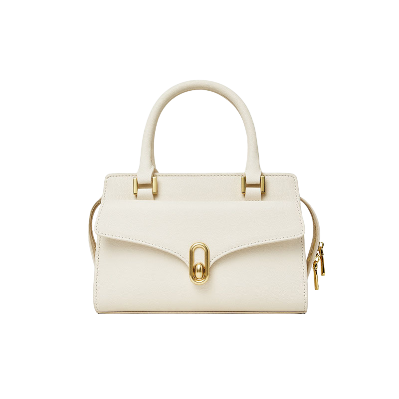 Women’s Vintage Genuine Leather Lock Buckle Zipper Crossbody Shoulder Handbags in chalk white color from the front
