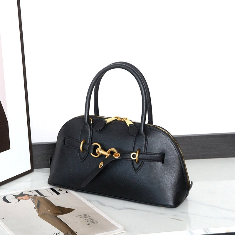 Women’s Vintage Genuine Leather Shell-Shaped Top Handle Bag in black color