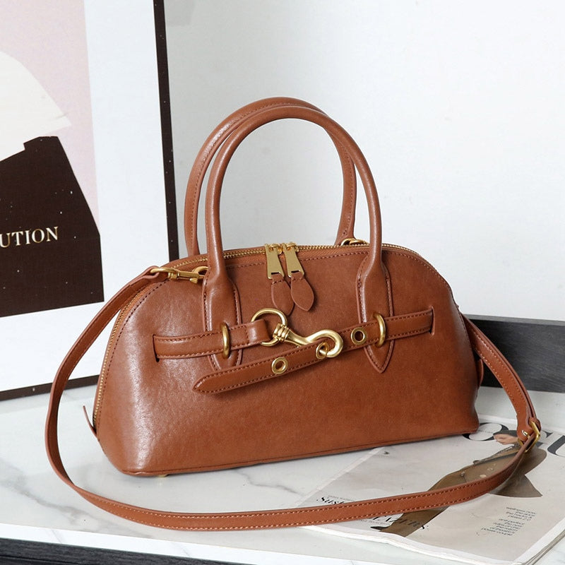 Women’s Vintage Genuine Leather Shell-Shaped Top Handle Bag in camel color