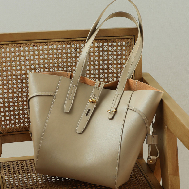 Women’s Vintage Large Genuine Leather Lock-Clasp Tote Bag in Taupe color lifestyle 