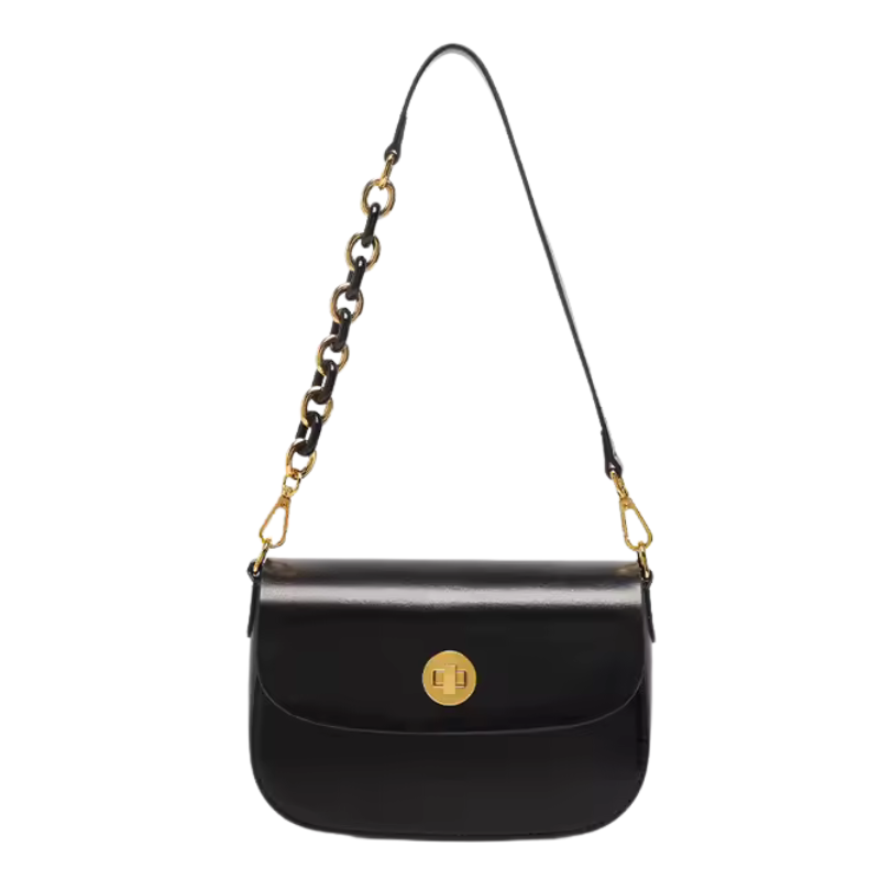 Women’s Vintage Minimalist Genuine Leather Lock Chain Crossbody Shoulder Bag in black color from the front