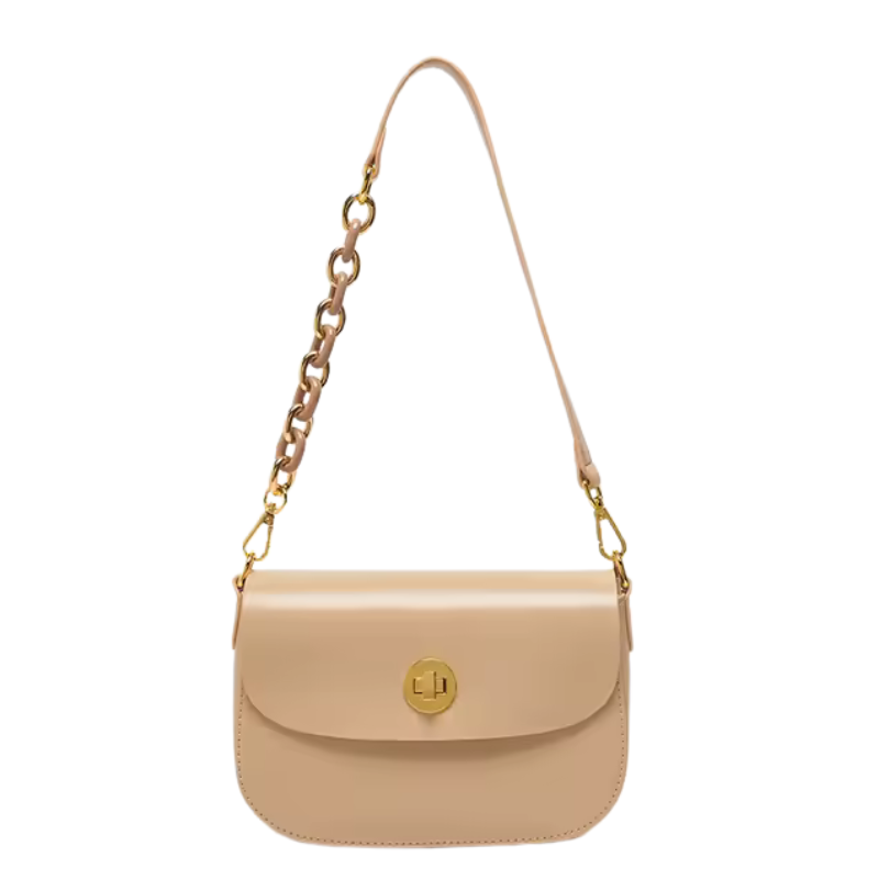 Women’s Vintage Minimalist Genuine Leather Lock Chain Crossbody Shoulder Bag in sorrell Brown color from the front