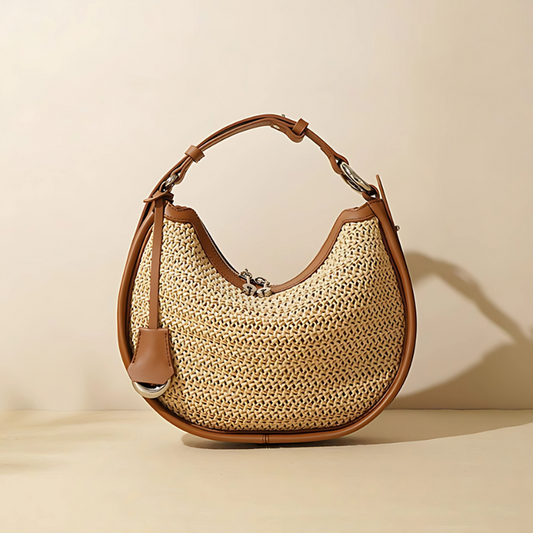 Women’s Woven Genuine Leather Minimalist Crescent Handbag in golden Brown color lifestyle from the front