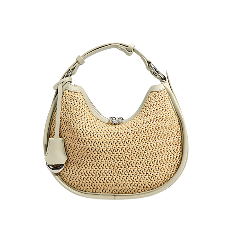 Women’s Woven Genuine Leather Minimalist Crescent Handbag in moon white color from the front of the bag