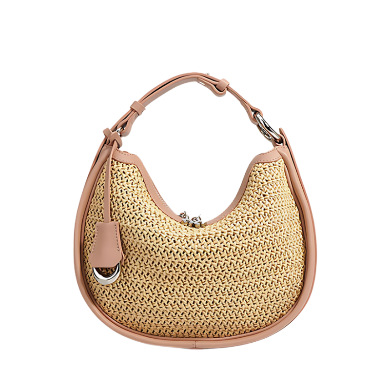 Women’s Woven Genuine Leather Minimalist Crescent Handbag in peach pink color from the front of the bag
