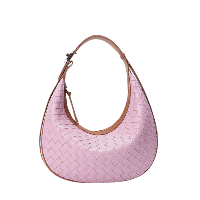 Women’s Woven Genuine Leather Zipper Crossbody Baguette Bag in Cavern Pink
 color from the front