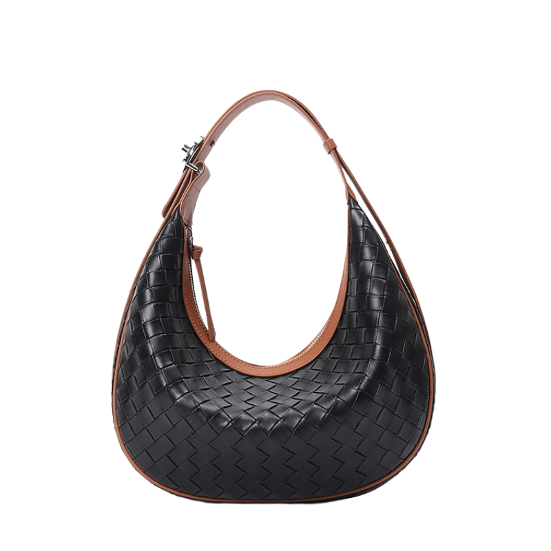 Women’s Woven Genuine Leather Zipper Crossbody Baguette Bag in black
 color from the front